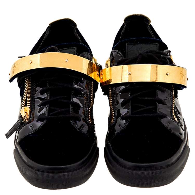 Pre Owned Giuseppe Zanotti Multicolor Velvet And Patent Leather Double Zipper Low Top Sneakers Size 43