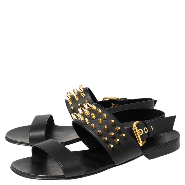 Pre Owned Giuseppe Zanotti Black Leather Zak Spike Flat Sandals Size 43