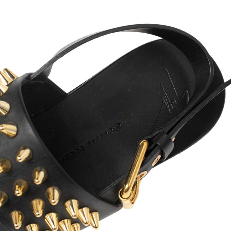 Pre Owned Giuseppe Zanotti Black Leather Zak Spike Flat Sandals Size 43