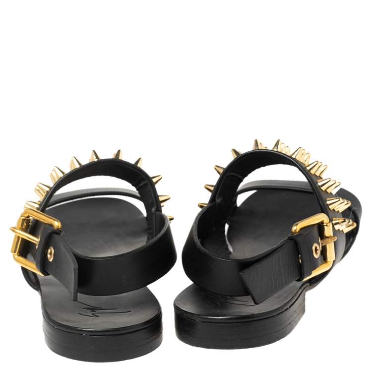 Pre Owned Giuseppe Zanotti Black Leather Zak Spike Flat Sandals Size 43