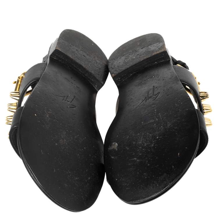 Pre Owned Giuseppe Zanotti Black Leather Zak Spike Flat Sandals Size 43