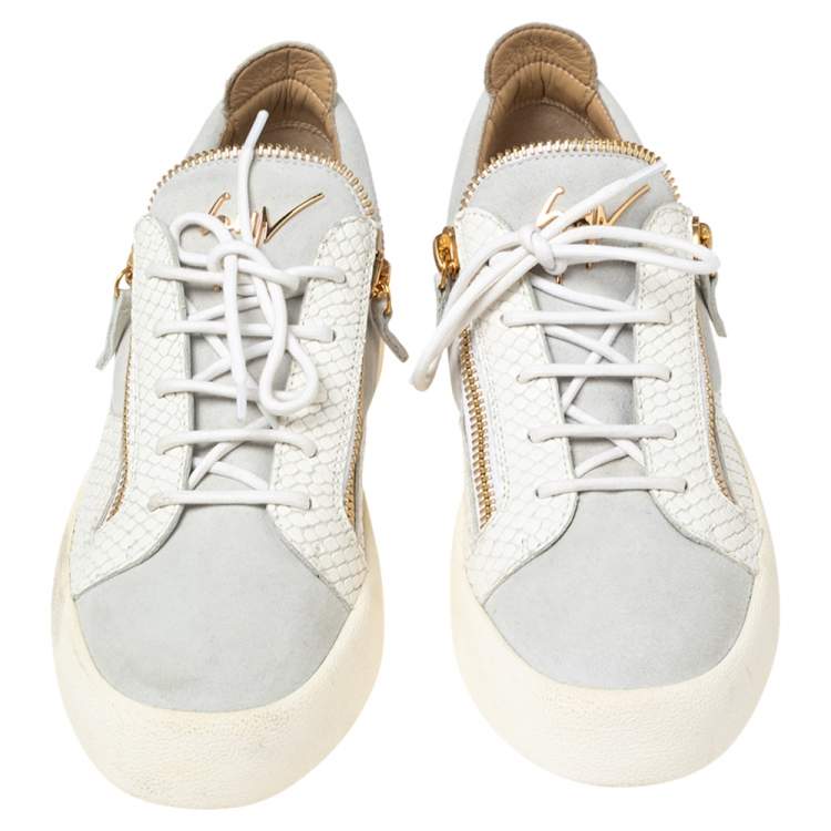 Pre Owned Giuseppe Zanotti White Croc Embossed Leather and Suede Frankie Low-Top Sneakers Size 43.5