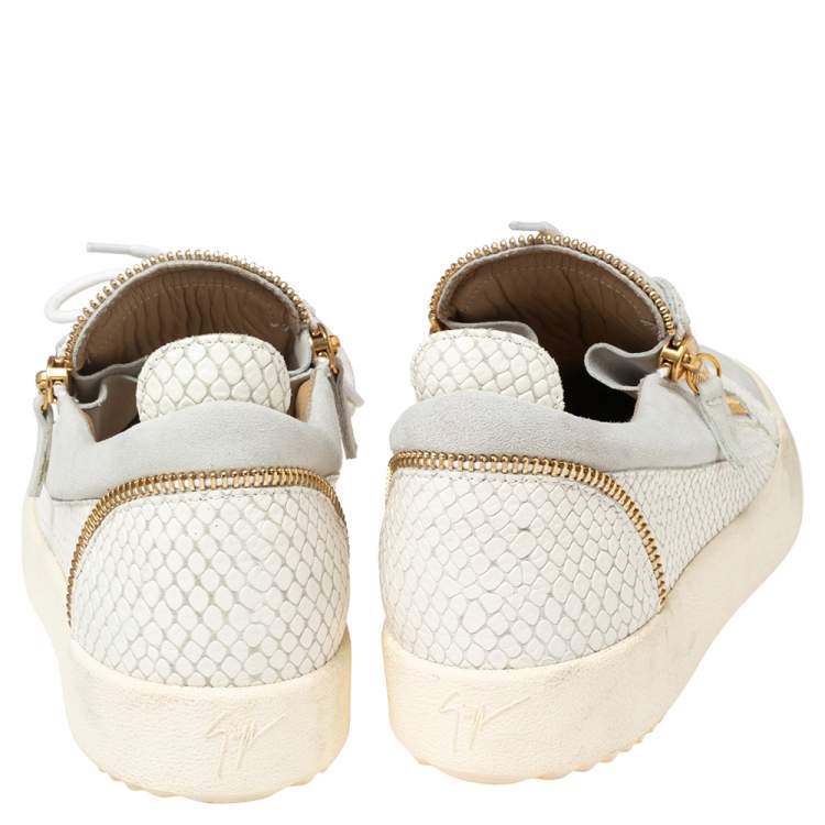 Pre Owned Giuseppe Zanotti White Croc Embossed Leather and Suede Frankie Low-Top Sneakers Size 43.5
