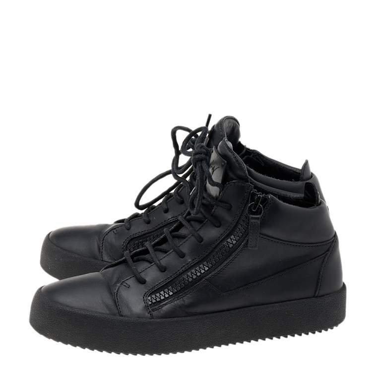 Pre Owned Giuseppe Zanotti Black Leather Double Zipper High Top Sneakers Size 40