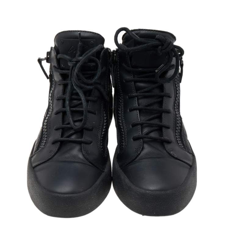 Pre Owned Giuseppe Zanotti Black Leather Double Zipper High Top Sneakers Size 40
