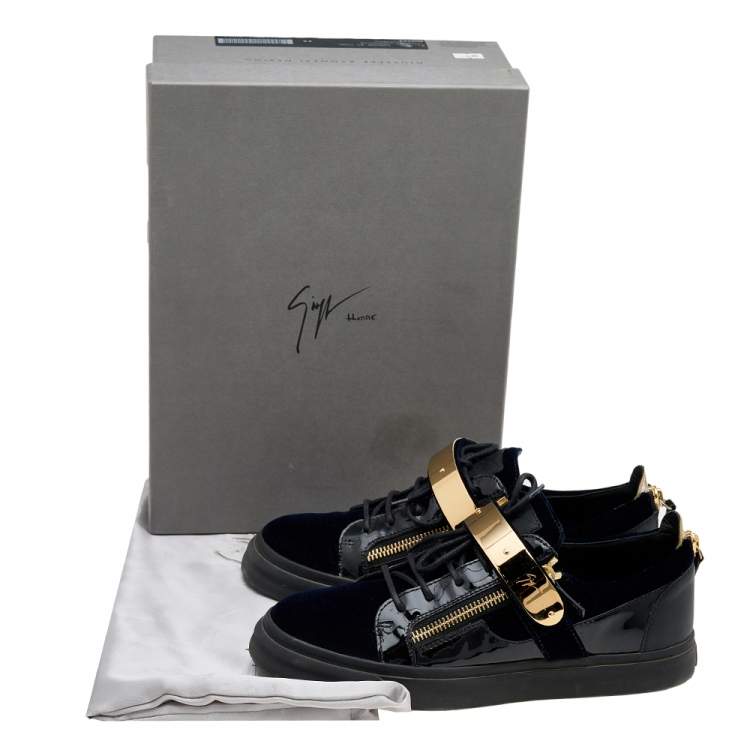 Pre Owned Giuseppe Zanotti Multicolor Velvet And Patent Leather Double Zipper Low Top Sneakers Size 43