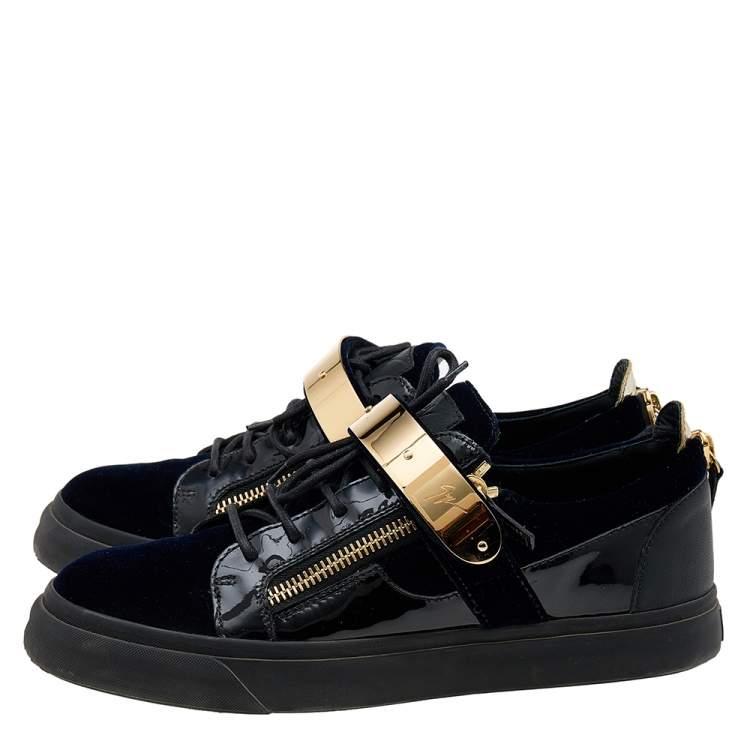 Pre Owned Giuseppe Zanotti Multicolor Velvet And Patent Leather Double Zipper Low Top Sneakers Size 43