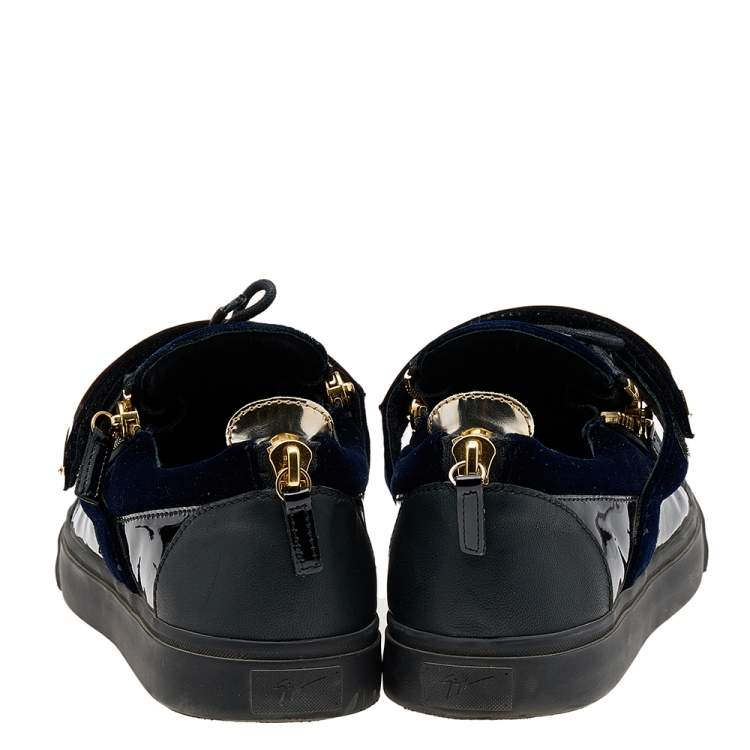 Pre Owned Giuseppe Zanotti Multicolor Velvet And Patent Leather Double Zipper Low Top Sneakers Size 43