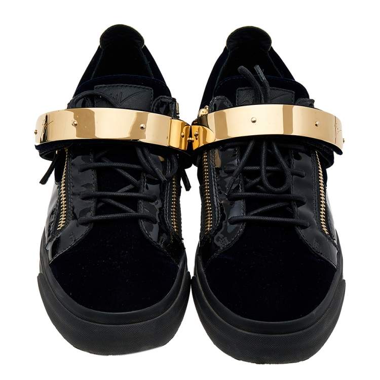 Pre Owned Giuseppe Zanotti Multicolor Velvet And Patent Leather Double Zipper Low Top Sneakers Size 43