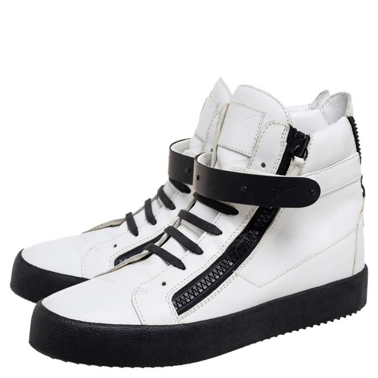 Pre Owned Giuseppe Zanotti White/Black Leather Zip Detail High-Top Sneakers Size 42