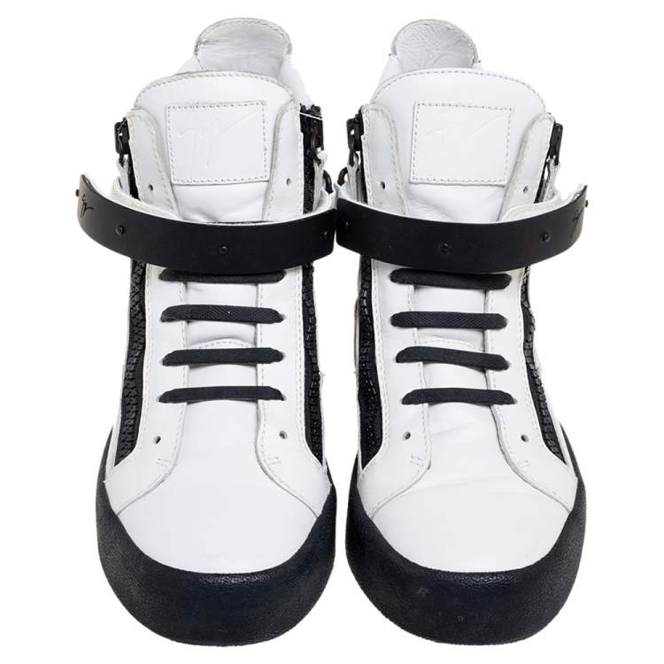 Pre Owned Giuseppe Zanotti White/Black Leather Zip Detail High-Top Sneakers Size 42