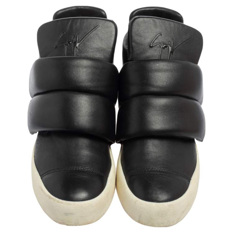 Pre Owned Giuseppe Zanotti Black Leather Double Velcro Strap High Top Sneakers Size 43.5