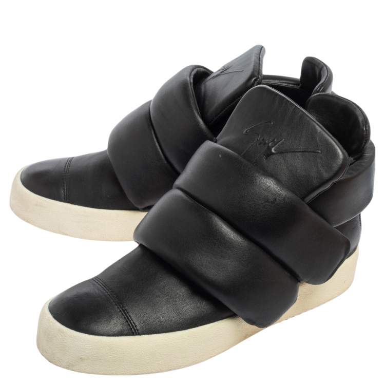 Pre Owned Giuseppe Zanotti Black Leather Double Velcro Strap High Top Sneakers Size 43.5