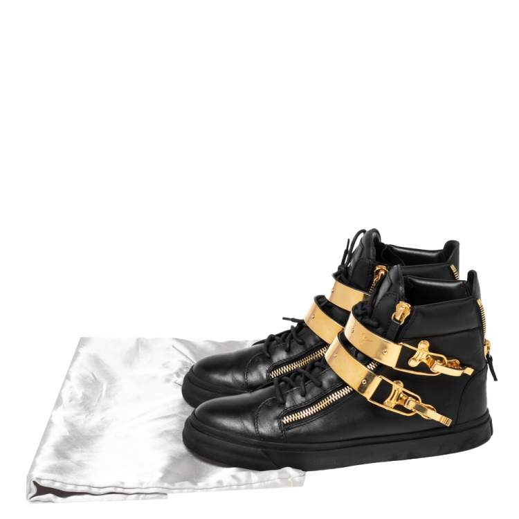 مملوكة مسبقًا Giuseppe Zanotti Black Leather Double Buckle London High-Top Sneakers Size 43