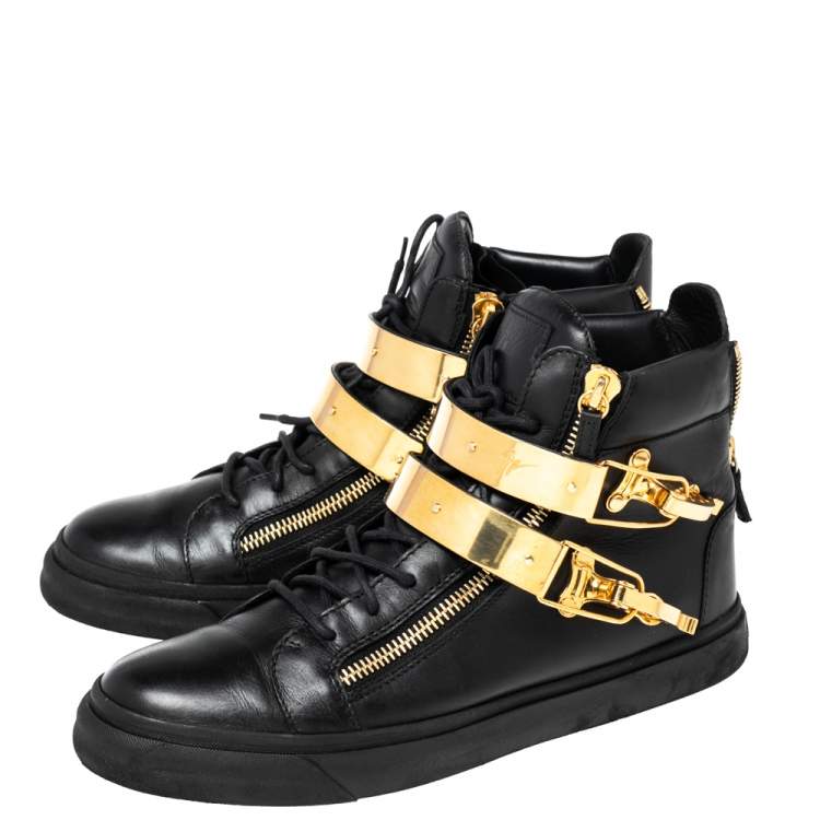 مملوكة مسبقًا Giuseppe Zanotti Black Leather Double Buckle London High-Top Sneakers Size 43