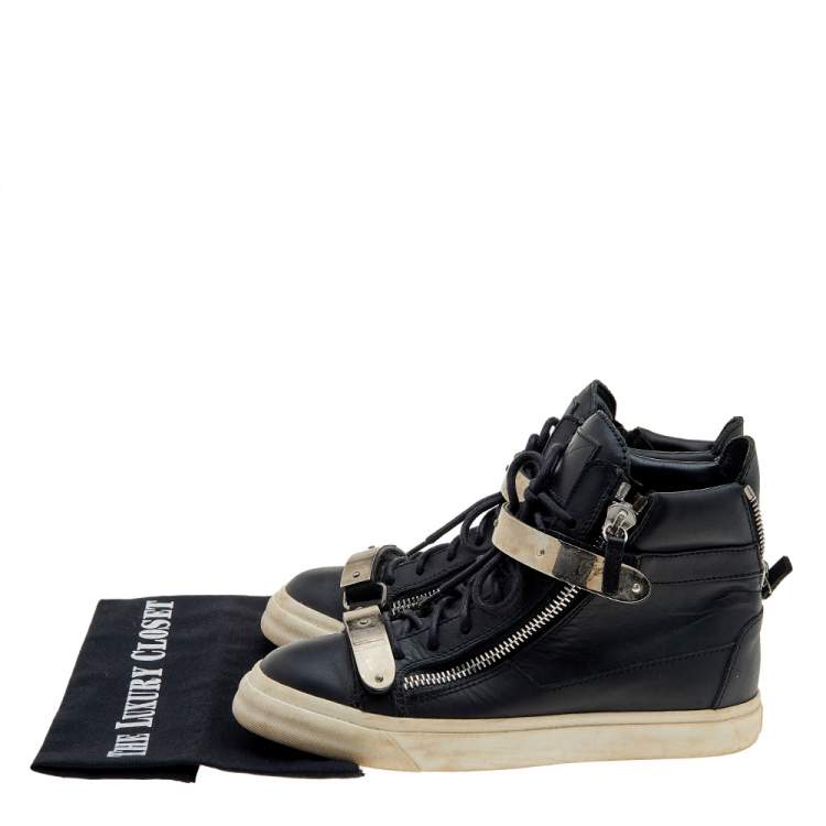 Pre Owned Giuseppe Zanotti Black Leather Double Chain High Top Sneakers Size 38