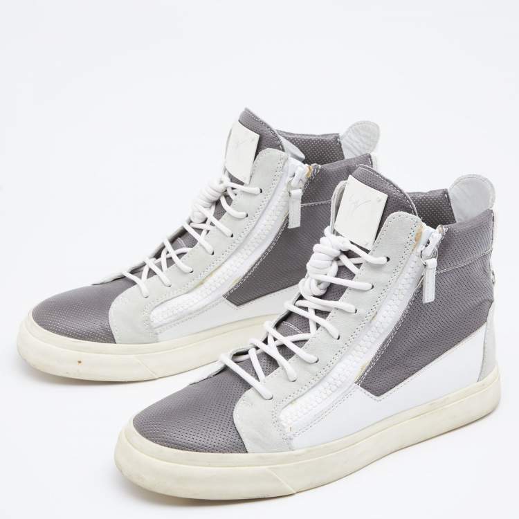 Pre Owned Giuseppe Zanotti Grey/White Perforated Leather And Suede Double Zip High Top Sneakers Size 40