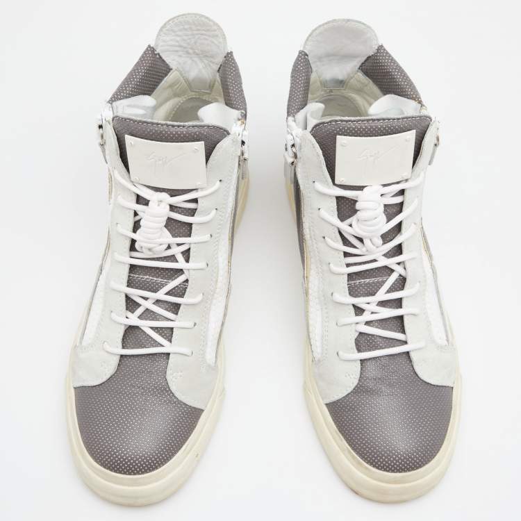 Pre Owned Giuseppe Zanotti Grey/White Perforated Leather And Suede Double Zip High Top Sneakers Size 40