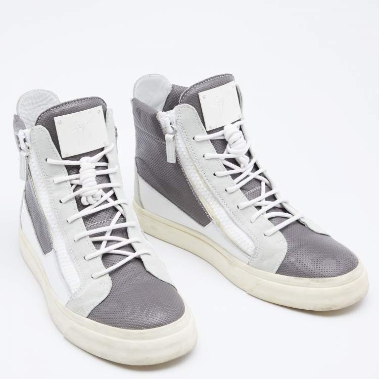 Pre Owned Giuseppe Zanotti Grey/White Perforated Leather And Suede Double Zip High Top Sneakers Size 40