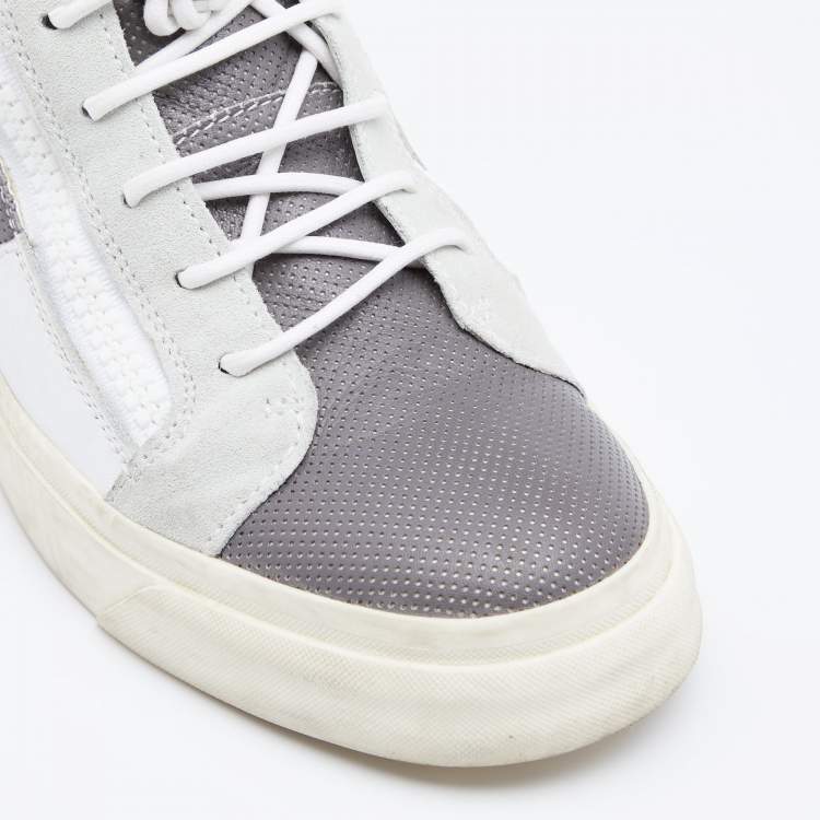 Pre Owned Giuseppe Zanotti Grey/White Perforated Leather And Suede Double Zip High Top Sneakers Size 40