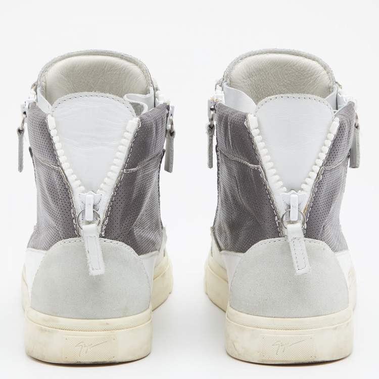 Pre Owned Giuseppe Zanotti Grey/White Perforated Leather And Suede Double Zip High Top Sneakers Size 40