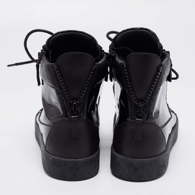 Pre Owned Giuseppe Zanotti Black Leather And Patent Double Zipper High Top Sneakers Size 41