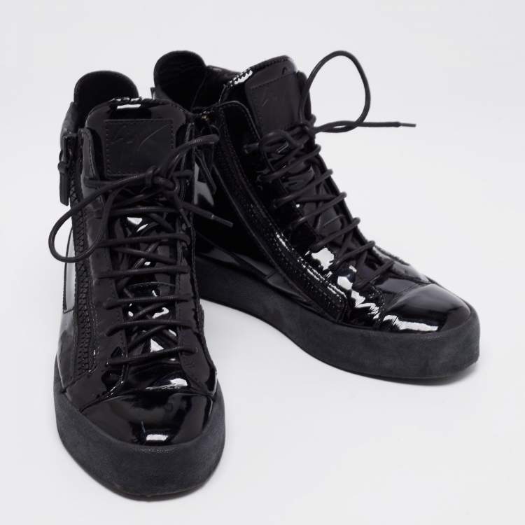 Pre Owned Giuseppe Zanotti Black Leather And Patent Double Zipper High Top Sneakers Size 41