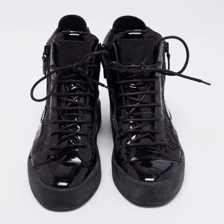 Pre Owned Giuseppe Zanotti Black Leather And Patent Double Zipper High Top Sneakers Size 41