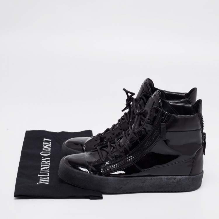 Pre Owned Giuseppe Zanotti Black Leather And Patent Double Zipper High Top Sneakers Size 41