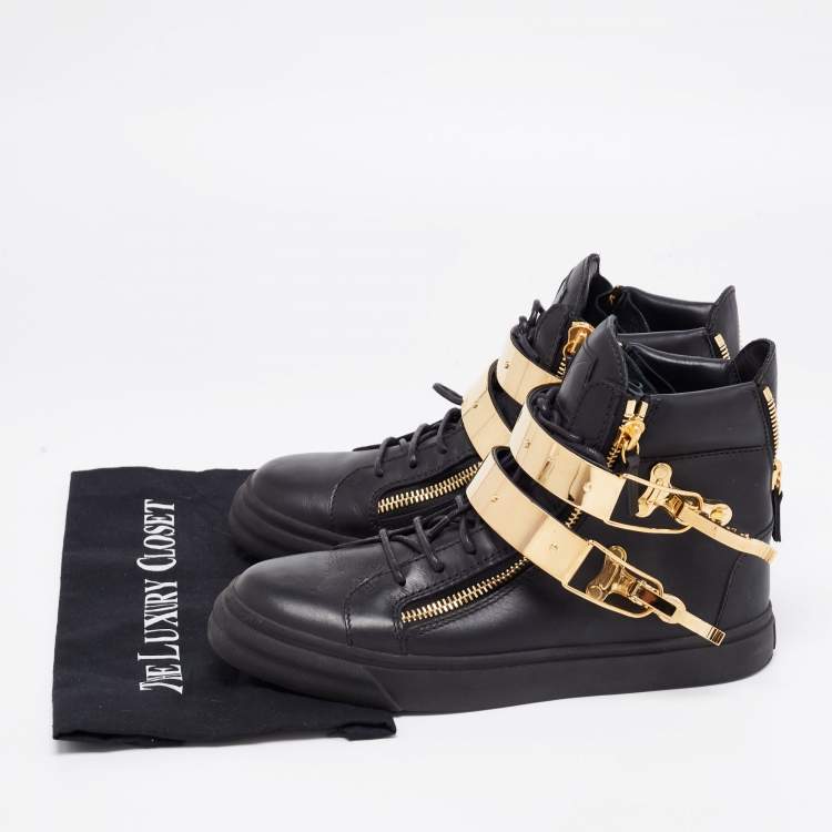 Pre Owned Giuseppe Zanotti Black Leather Double Metal Strap High-Top Sneakers Size 41 