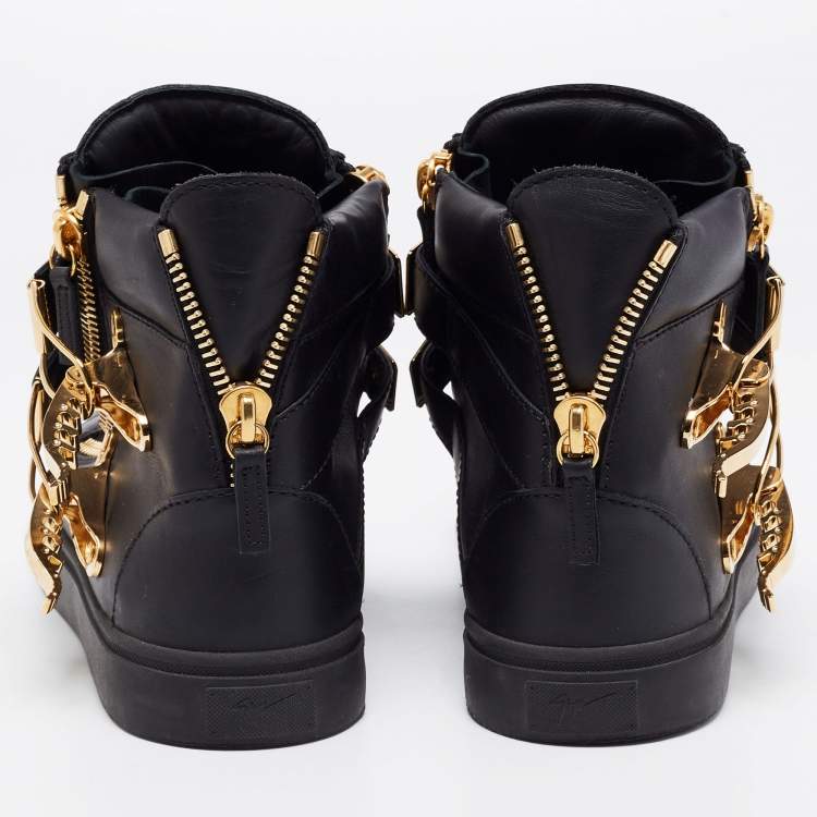 Pre Owned Giuseppe Zanotti Black Leather Double Metal Strap High-Top Sneakers Size 41 