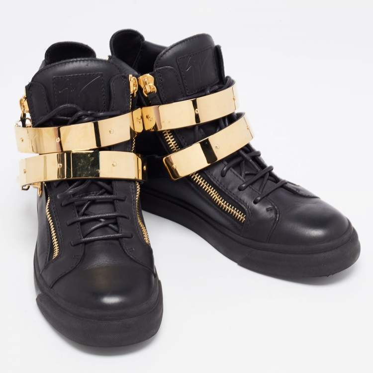 Pre Owned Giuseppe Zanotti Black Leather Double Metal Strap High-Top Sneakers Size 41 
