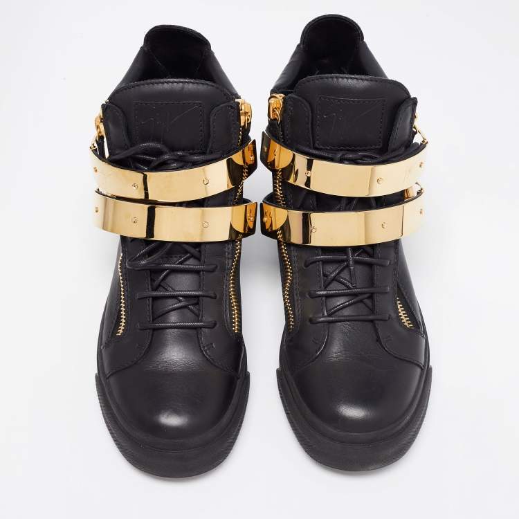Pre Owned Giuseppe Zanotti Black Leather Double Metal Strap High-Top Sneakers Size 41 