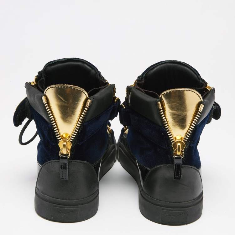 Pre Owned Giuseppe Zanotti Blue/Back Velvet And Leather Coby High Top Sneakers Size 41