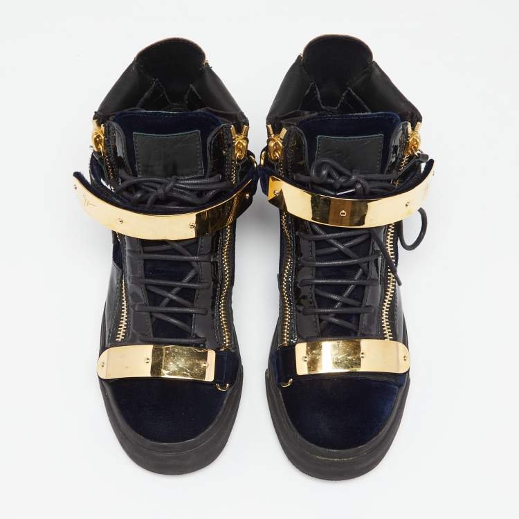 Pre Owned Giuseppe Zanotti Blue/Back Velvet And Leather Coby High Top Sneakers Size 41