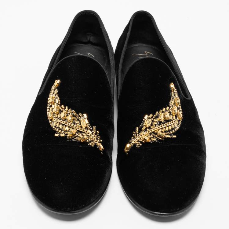 Pre Owned Giuseppe Zanotti Black Velvet Crystal Embellished Smoking Slippers Size 42.5