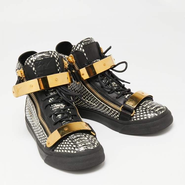 Pre Owned Giuseppe Zanotti Black/White Snakeskin Embossed And Leather High Top Double Zip Sneakers Size 40