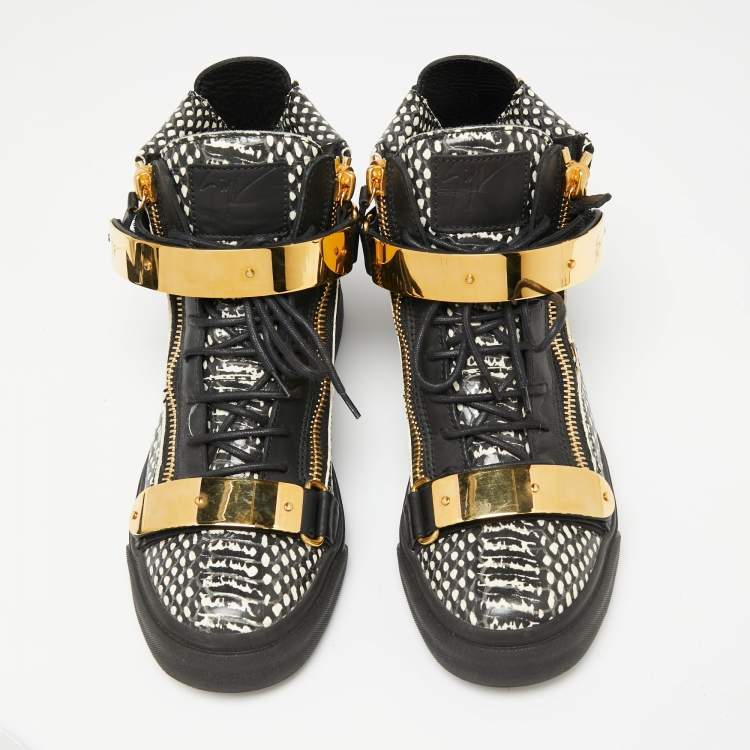 Pre Owned Giuseppe Zanotti Black/White Snakeskin Embossed And Leather High Top Double Zip Sneakers Size 40