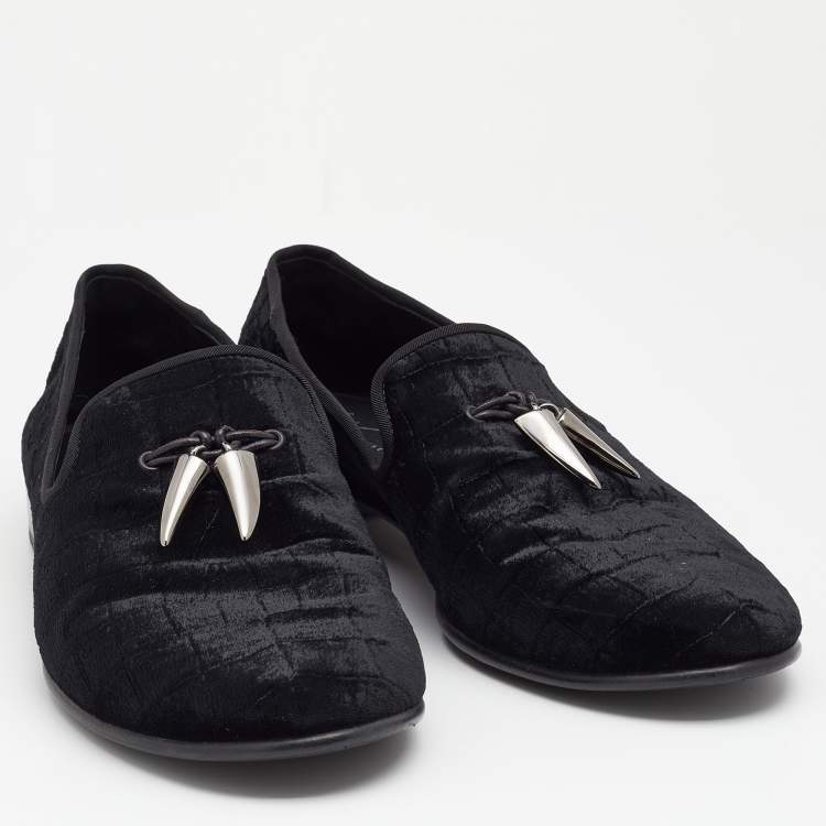 Pre Owned Guiseppe Zanotti Black Croc-Embossed Velvet Horn Tassel Loafer Size 42