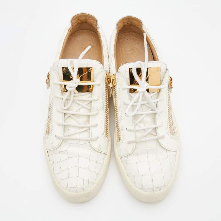 Pre Owned Giuseppe Zanotti White Croc Embossed Leather Frankie Low Top Sneakers Size 42