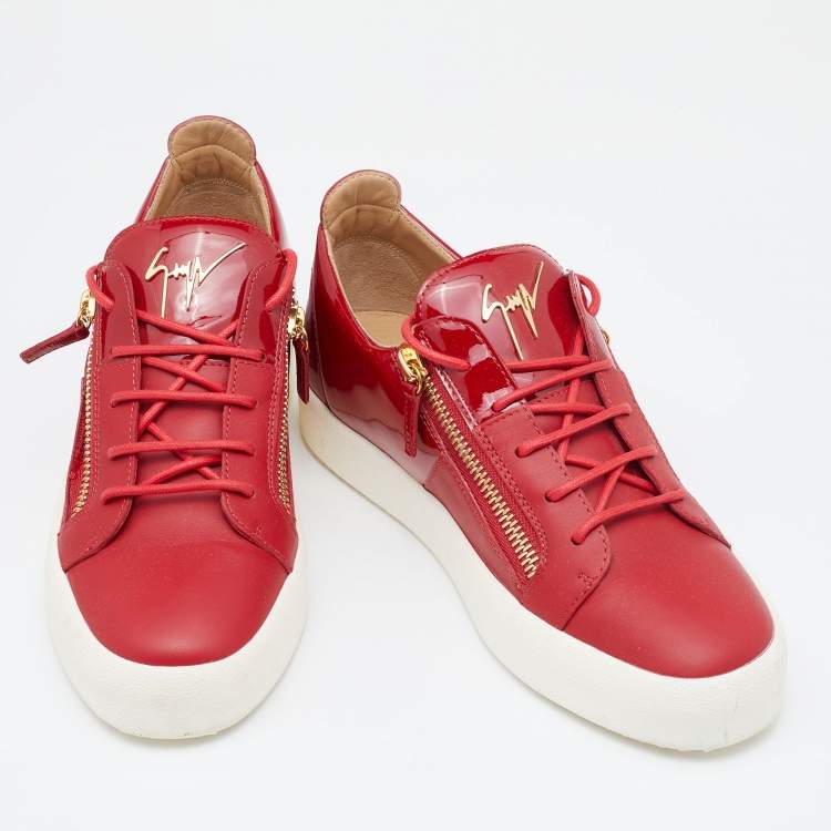 Pre Owned Giuseppe Zanotti Red Patent And Leather Frankie Low Top Sneakers Size 42