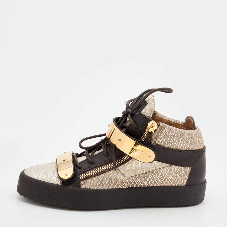 Pre Owned Giuseppe Zanotti Beige/Brown Python Embossed Leather Coby High Top Sneakers Size 42