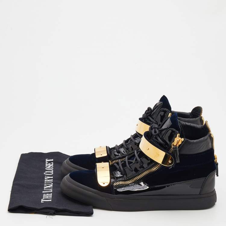 Pre Owned Giuseppe Zanotti Navy Blue/Black Velvet And Patent Leather Coby High Top Sneakers Size 42.5