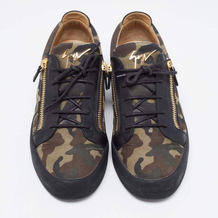 Pre Owned Giuseppe Zanotti Multicolor Camouflage Canvas and Leather Frankie Low Top Sneakers Size 46