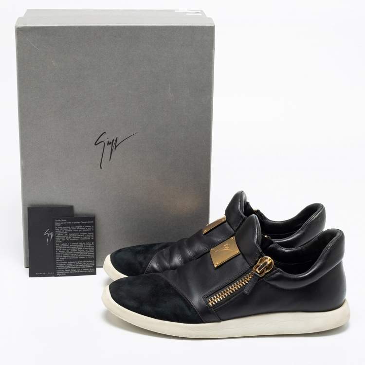 مملوكة مسبقًا Giuseppe Zanotti Black Suede And Leather Zipper Low Top Sneakers Size 46