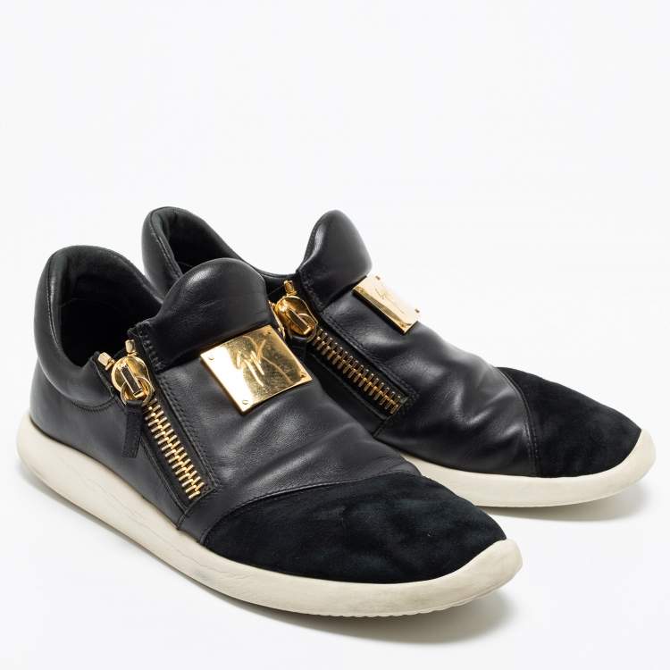 مملوكة مسبقًا Giuseppe Zanotti Black Suede And Leather Zipper Low Top Sneakers Size 46