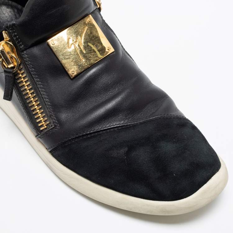 مملوكة مسبقًا Giuseppe Zanotti Black Suede And Leather Zipper Low Top Sneakers Size 46