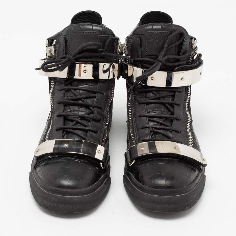 Pre Owned Giuseppe Zanotti Black Croc Embossed Leather Coby High Top Sneakers Size 46
