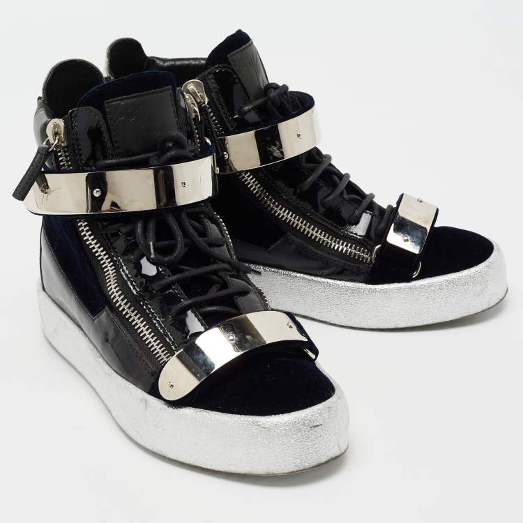 Pre Owned Giuseppe Zanotti Navy Blue/Black Velvet and Patent Leather Coby High-Top Sneakers Size 40