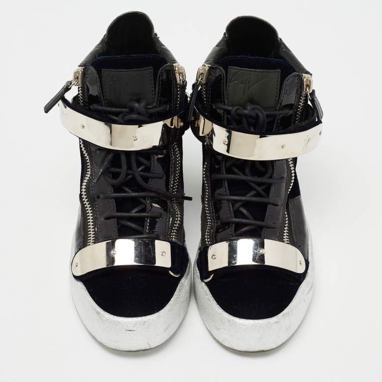 Pre Owned Giuseppe Zanotti Navy Blue/Black Velvet and Patent Leather Coby High-Top Sneakers Size 40